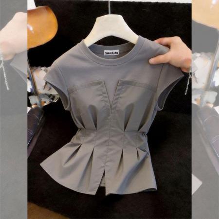 BY17353# 夏季新款灰色拼接短袖T恤女设计感时尚百搭收腰显瘦独特别致上衣