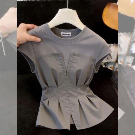BY17353# 夏季新款灰色拼接短袖T恤女设计感时尚百搭收腰显瘦独特别致上衣