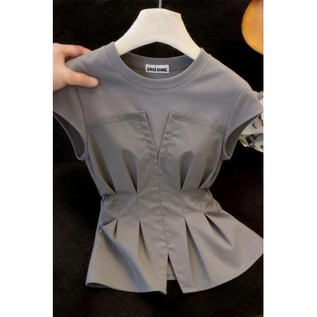 BY17353# 夏季新款灰色拼接短袖T恤女设计感时尚百搭收腰显瘦独特别致上衣