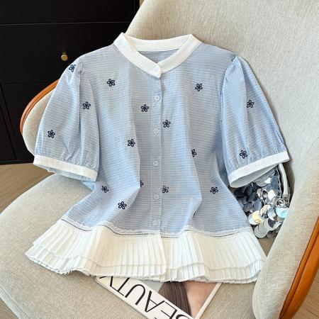 BY17354# 新款大码胖MM设计感法式拼接荷叶边显瘦百搭上衣