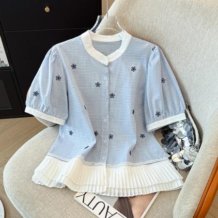 BY17354# 新款大码胖MM设计感法式拼接荷叶边显瘦百搭上衣