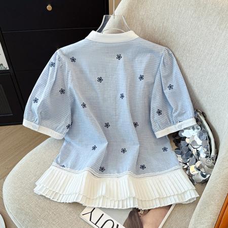 BY17354# 新款大码胖MM设计感法式拼接荷叶边显瘦百搭上衣