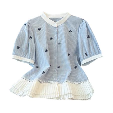 BY17354# 新款大码胖MM设计感法式拼接荷叶边显瘦百搭上衣