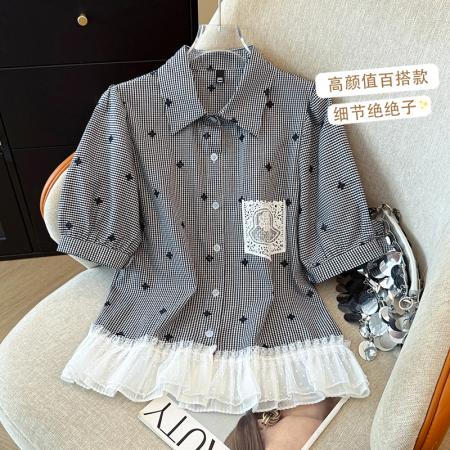 BY17355# 新款夏季刺绣衬衣上衣女衬衫小清新泡泡袖女
