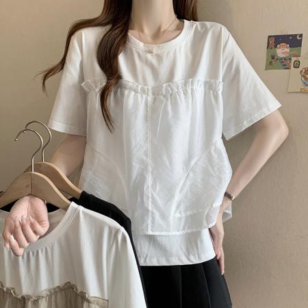 BY17356# 大码胖MM夏季新款设计感百搭拼接网纱假两件短袖上衣