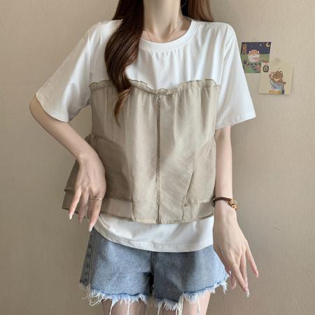 BY17356# 大码胖MM夏季新款设计感百搭拼接网纱假两件短袖上衣