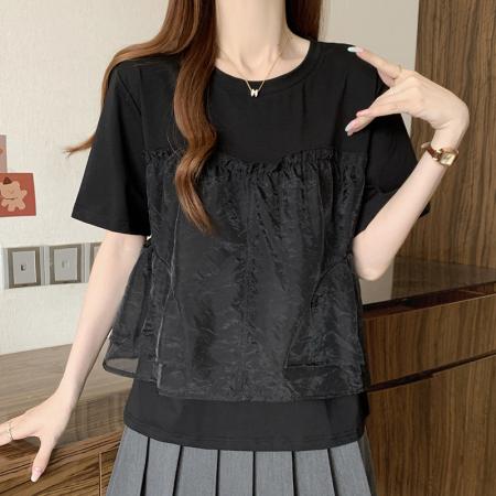 BY17356# 大码胖MM夏季新款设计感百搭拼接网纱假两件短袖上衣