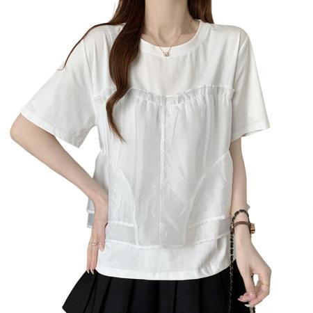 BY17356# 大码胖MM夏季新款设计感百搭拼接网纱假两件短袖上衣