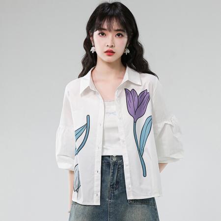 BY17357# 夏季新款时尚气质翻领印花灯笼袖衬衫女宽松显瘦百搭上衣