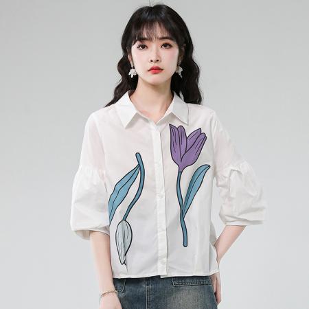 BY17357# 夏季新款时尚气质翻领印花灯笼袖衬衫女宽松显瘦百搭上衣