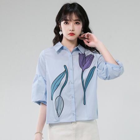 BY17357# 夏季新款时尚气质翻领印花灯笼袖衬衫女宽松显瘦百搭上衣