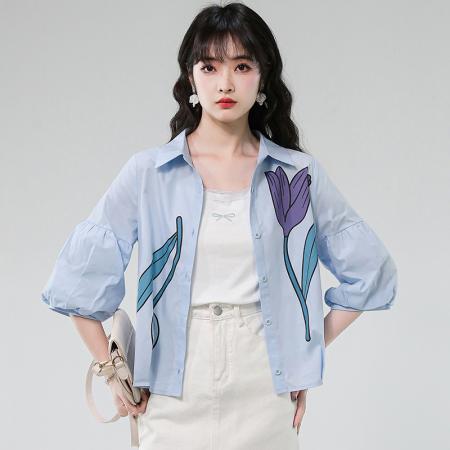 BY17357# 夏季新款时尚气质翻领印花灯笼袖衬衫女宽松显瘦百搭上衣