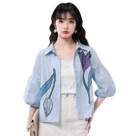 BY17357# 夏季新款时尚气质翻领印花灯笼袖衬衫女宽松显瘦百搭上衣