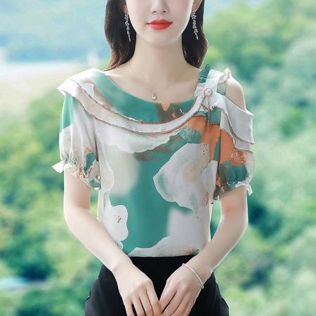 BY17358# 雪纺衫女短袖夏季新款时尚气质荷叶边露肩个性雪纺小衫