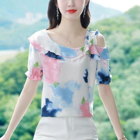 BY17358# 雪纺衫女短袖夏季新款时尚气质荷叶边露肩个性雪纺小衫