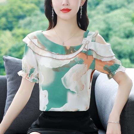 BY17358# 雪纺衫女短袖夏季新款时尚气质荷叶边露肩个性雪纺小衫