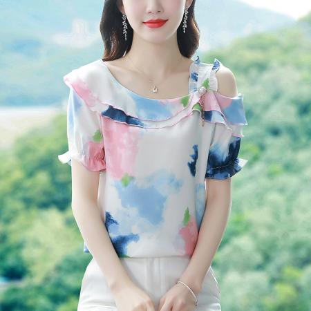 BY17358# 雪纺衫女短袖夏季新款时尚气质荷叶边露肩个性雪纺小衫