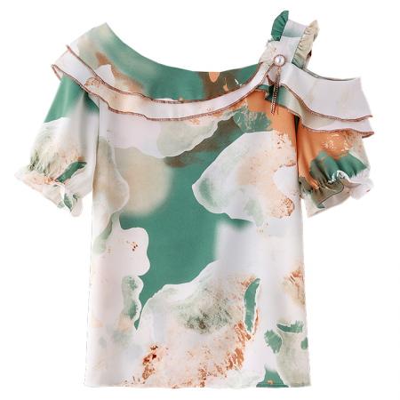 BY17358# 雪纺衫女短袖夏季新款时尚气质荷叶边露肩个性雪纺小衫