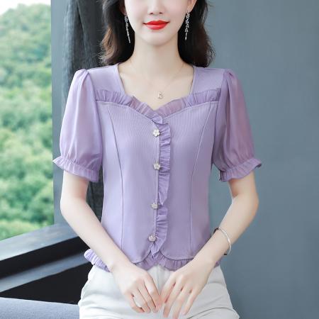 BY17359# 夏季新款纯色花边拼接短袖气质减龄洋气修身上衣