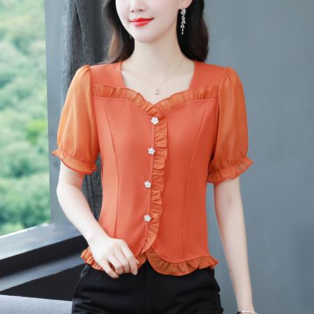 BY17359# 夏季新款纯色花边拼接短袖气质减龄洋气修身上衣