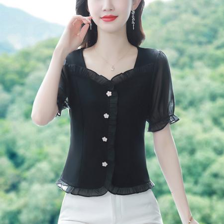 BY17359# 夏季新款纯色花边拼接短袖气质减龄洋气修身上衣