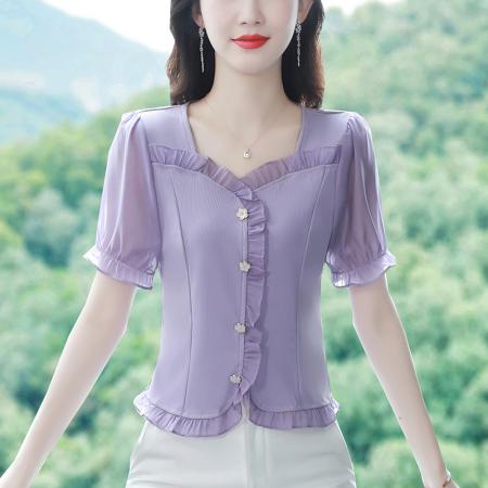 BY17359# 夏季新款纯色花边拼接短袖气质减龄洋气修身上衣