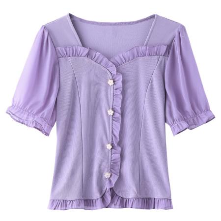 BY17359# 夏季新款纯色花边拼接短袖气质减龄洋气修身上衣