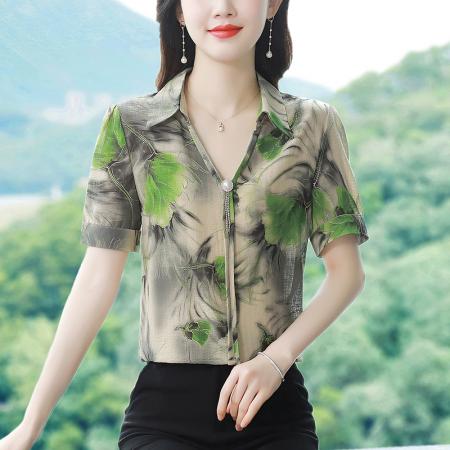BY17360# 新款夏季印花衬衫女宽松遮肚上衣减龄小衫