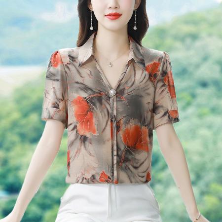 BY17360# 新款夏季印花衬衫女宽松遮肚上衣减龄小衫