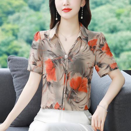 BY17360# 新款夏季印花衬衫女宽松遮肚上衣减龄小衫