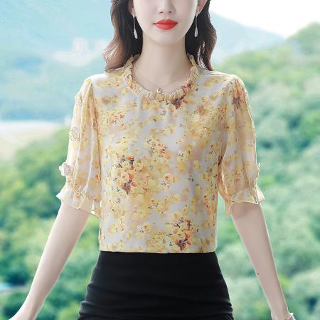 BY17361# 夏季新款洋气碎花减龄真丝雪纺衫女遮肚子短袖上衣