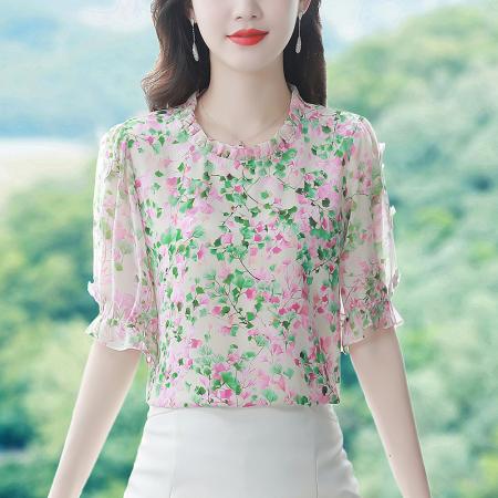 BY17361# 夏季新款洋气碎花减龄真丝雪纺衫女遮肚子短袖上衣