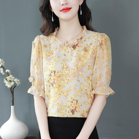 BY17361# 夏季新款洋气碎花减龄真丝雪纺衫女遮肚子短袖上衣