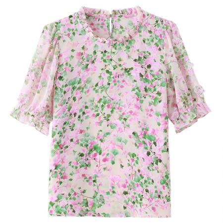 BY17361# 夏季新款洋气碎花减龄真丝雪纺衫女遮肚子短袖上衣