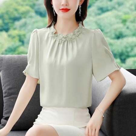 BY17362# 真丝缎面短袖衬衫夏新款时尚气质减龄甜美上衣女装