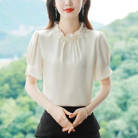 BY17362# 真丝缎面短袖衬衫夏新款时尚气质减龄甜美上衣女装