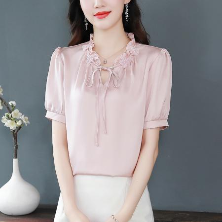 BY17363# 真丝缎面衬衫夏季新款纯色百搭时尚气质短袖上衣