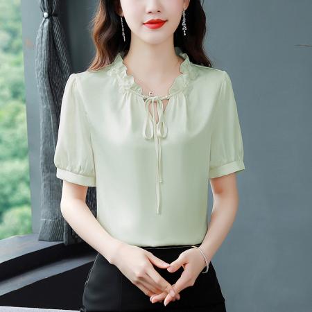 BY17363# 真丝缎面衬衫夏季新款纯色百搭时尚气质短袖上衣