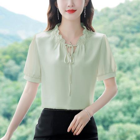 BY17363# 真丝缎面衬衫夏季新款纯色百搭时尚气质短袖上衣