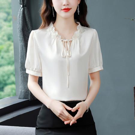 BY17363# 真丝缎面衬衫夏季新款纯色百搭时尚气质短袖上衣