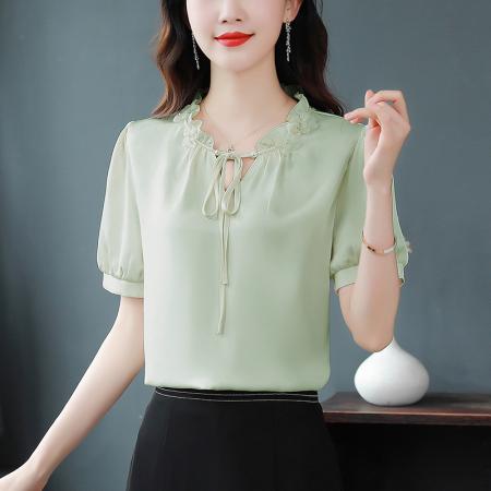 BY17363# 真丝缎面衬衫夏季新款纯色百搭时尚气质短袖上衣