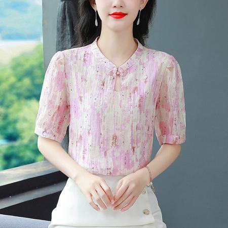 BY17364# 衬衫女新款时尚国风盘扣印花雪纺衫女新款上衣