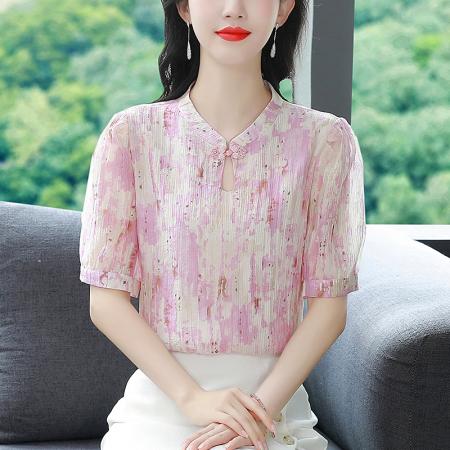 BY17364# 衬衫女新款时尚国风盘扣印花雪纺衫女新款上衣