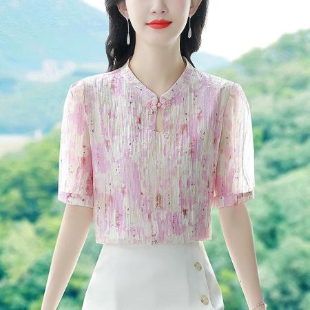 BY17364# 衬衫女新款时尚国风盘扣印花雪纺衫女新款上衣