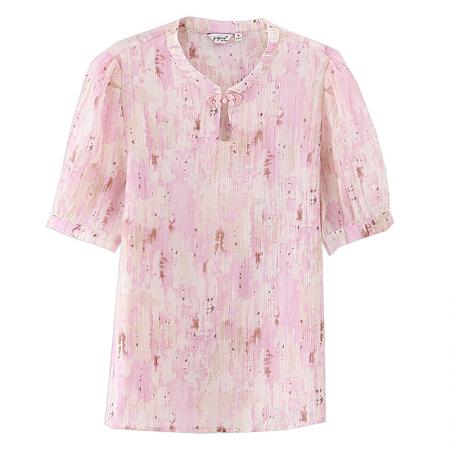 BY17364# 衬衫女新款时尚国风盘扣印花雪纺衫女新款上衣