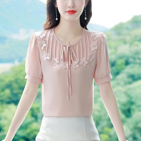 BY17365# 真丝缎面短袖衬衫夏新款时尚气质减龄甜美上衣女装