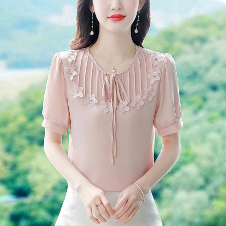 BY17365# 真丝缎面短袖衬衫夏新款时尚气质减龄甜美上衣女装