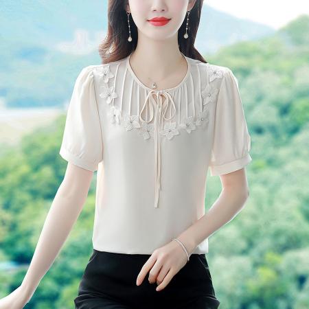 BY17365# 真丝缎面短袖衬衫夏新款时尚气质减龄甜美上衣女装