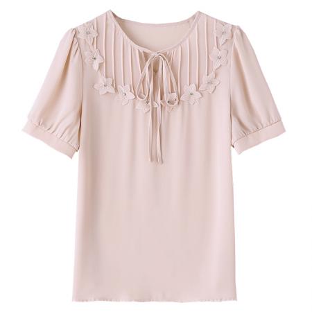 BY17365# 真丝缎面短袖衬衫夏新款时尚气质减龄甜美上衣女装