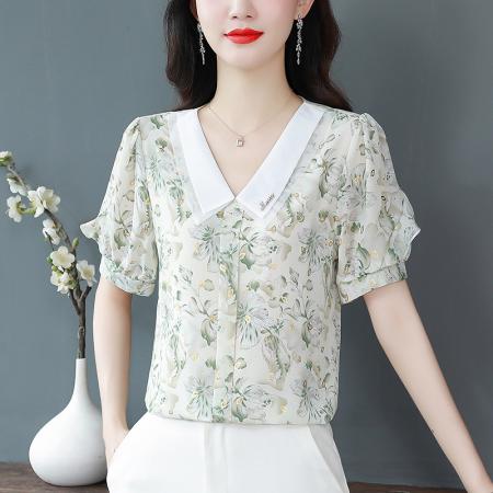 BY17366# 夏季碎花娃娃领减龄雪纺衫女洋气遮肚显瘦短袖上衣